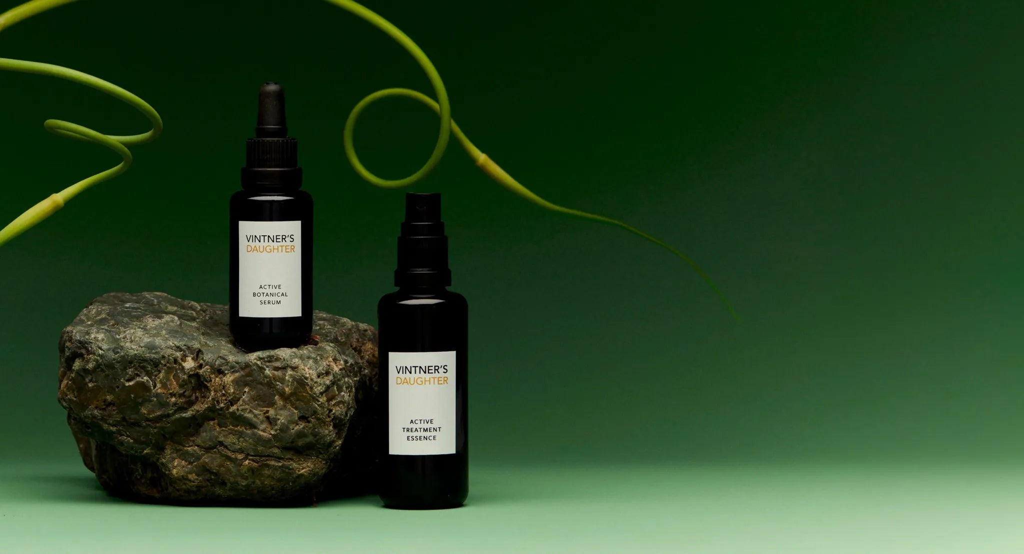 Two Vintner’s Daughter skincare bottles displayed on a stone with curled green tendrils against a gradient green background.